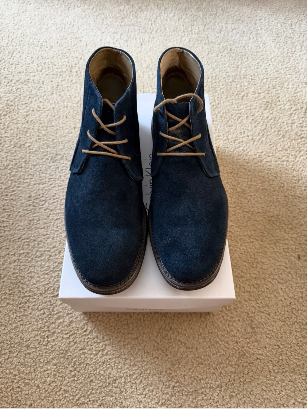Calvin Klein Navy Suede Chukka Boots with Tan Laces